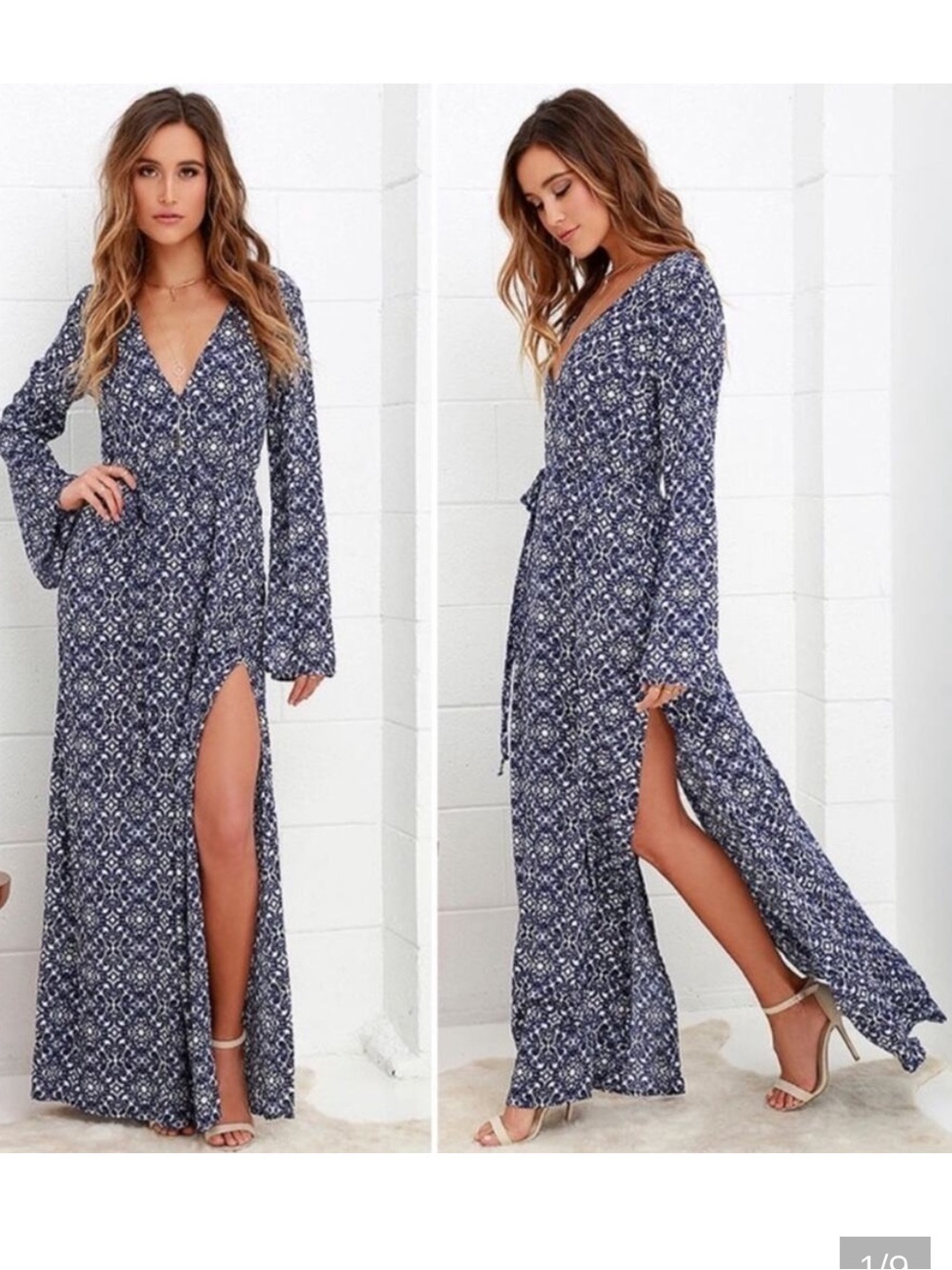 Lulu’s Mandala Daydreamer Dress Blue White Print Maxi Long Sleeve Size Large